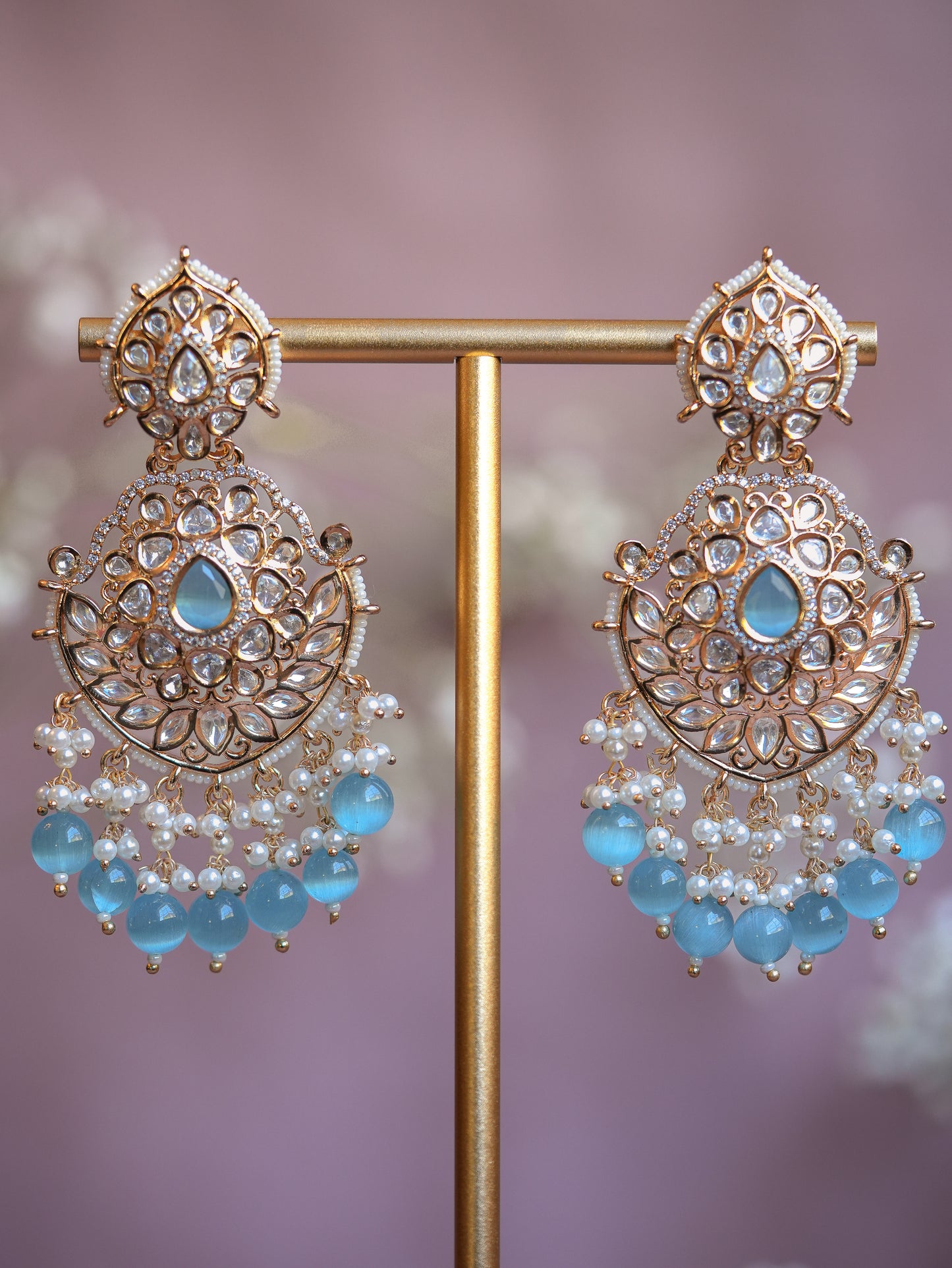 AMARINA - SKY BLUE PEARL DROP KUNDAN CHANDBALI EARRINGS