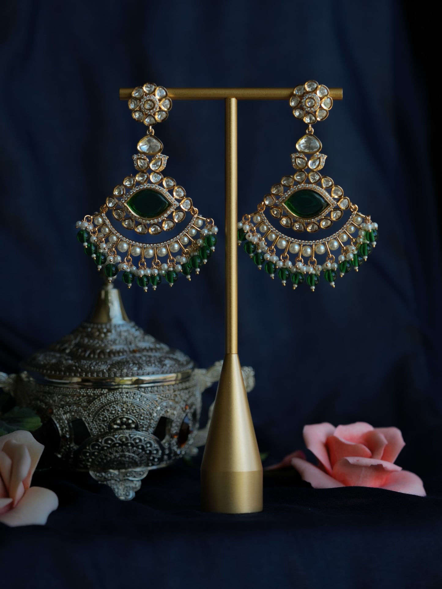 AYN - GREEN GEMSTONE KUNDAN CHANDBALI EARRINGS