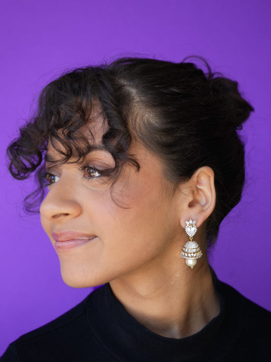 FIZZAH - GOLD-SILVER PEARL DROP CUBIC ZIRCONIA MINI JHUMKA EARRINGS