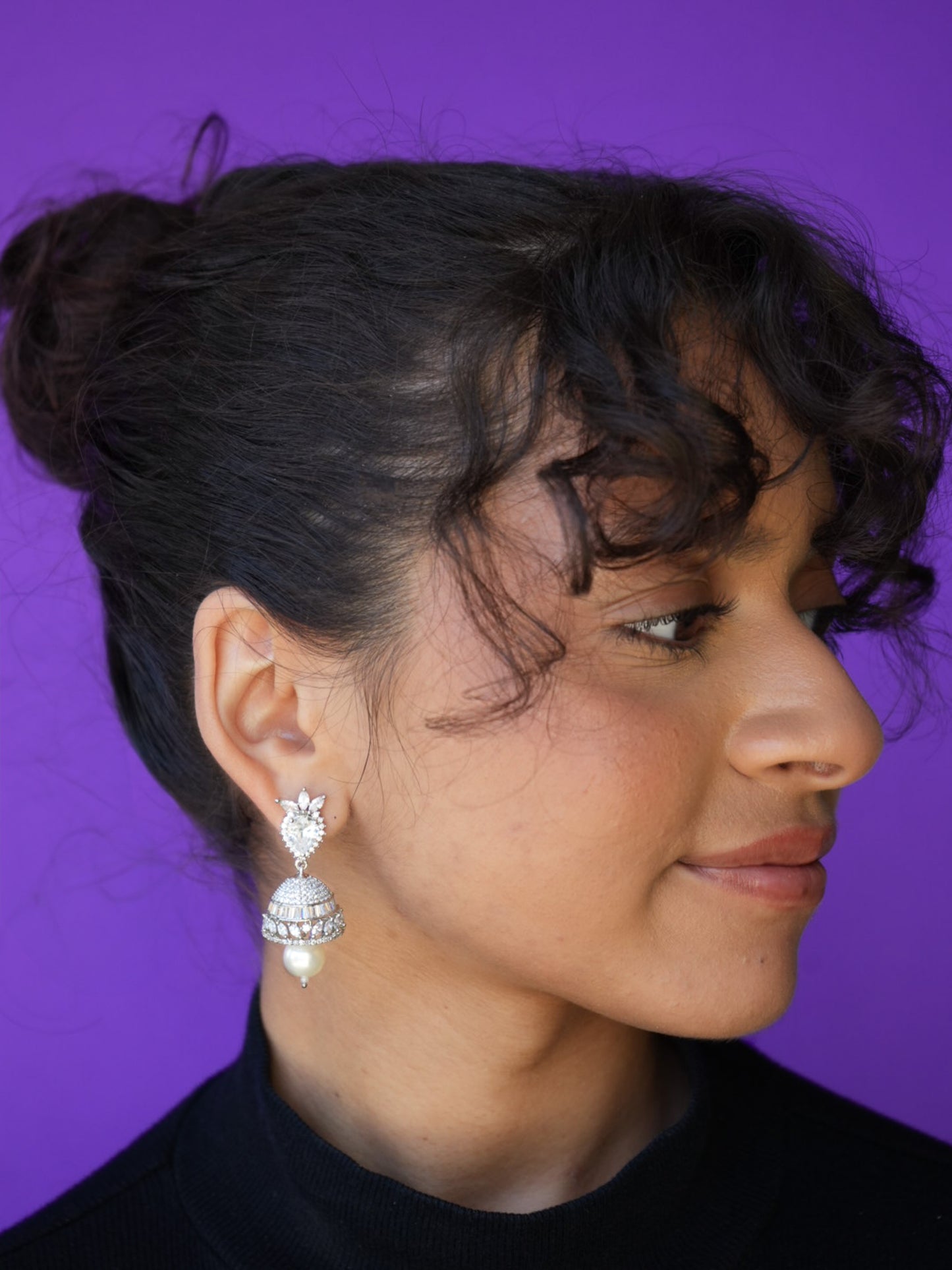 FIZZAH - GOLD-SILVER PEARL DROP CUBIC ZIRCONIA MINI JHUMKA EARRINGS