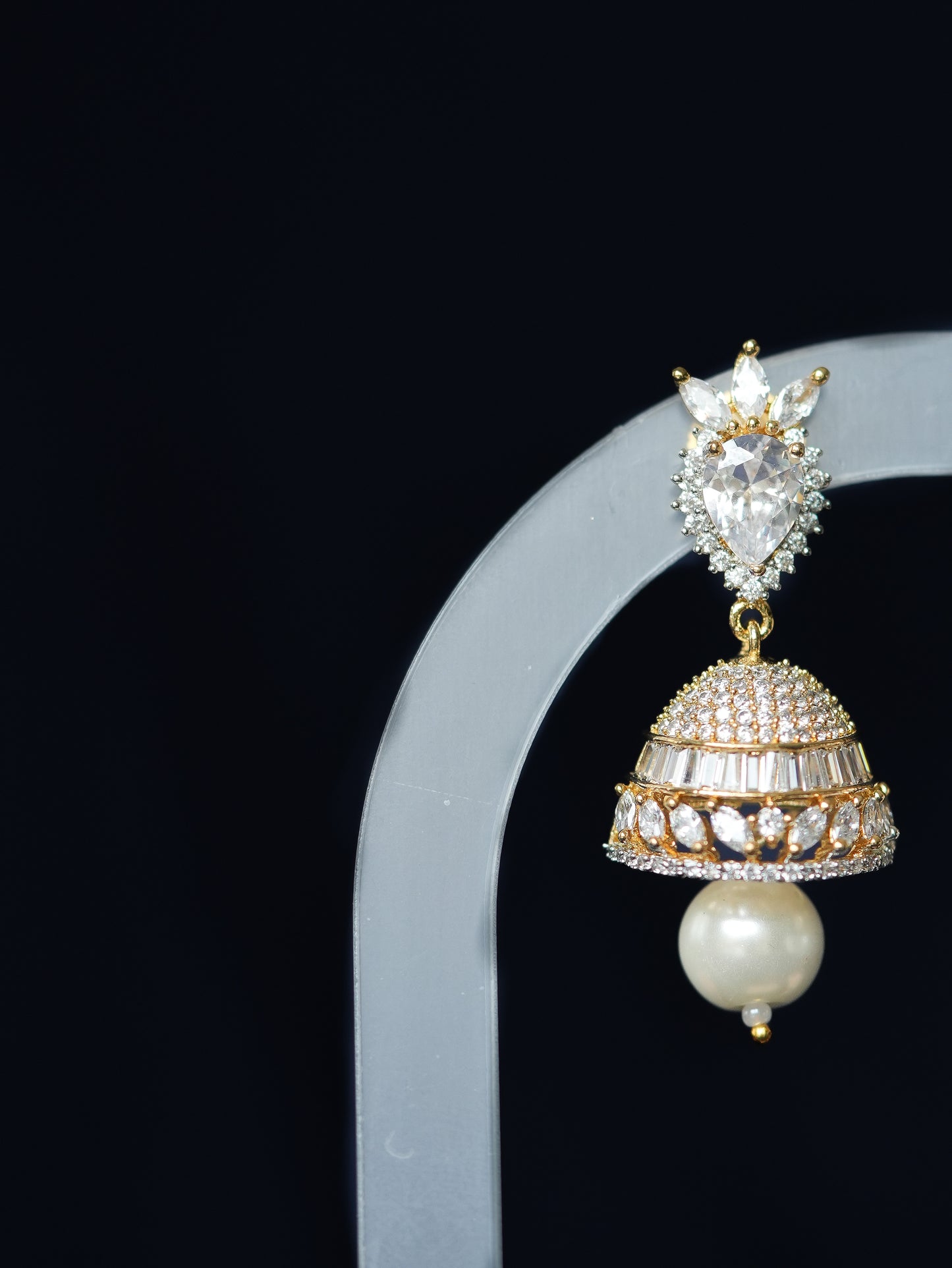 FIZZAH - GOLD-SILVER PEARL DROP CUBIC ZIRCONIA MINI JHUMKA EARRINGS