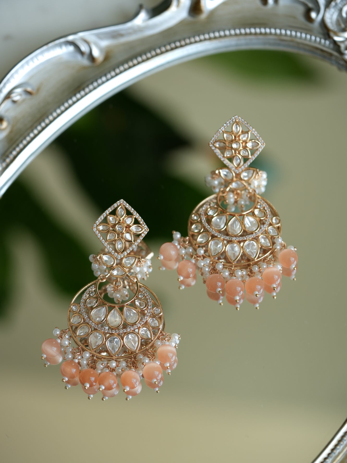 MIRA - PEACH GEMSTONE KUNDAN CHANDBALI EARRINGS