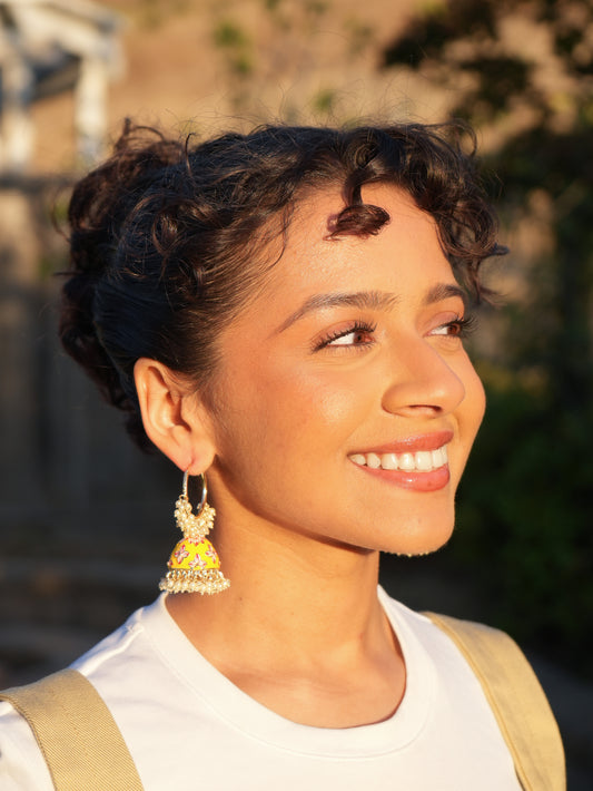 MISHTI - YELLOW HOOP MEENAKARI JHUMKABALI EARRINGS
