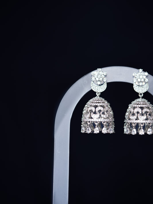 QAMAR - SILVER CRESCENT CUBIC ZIRCONIA JHUMKA EARRINGS