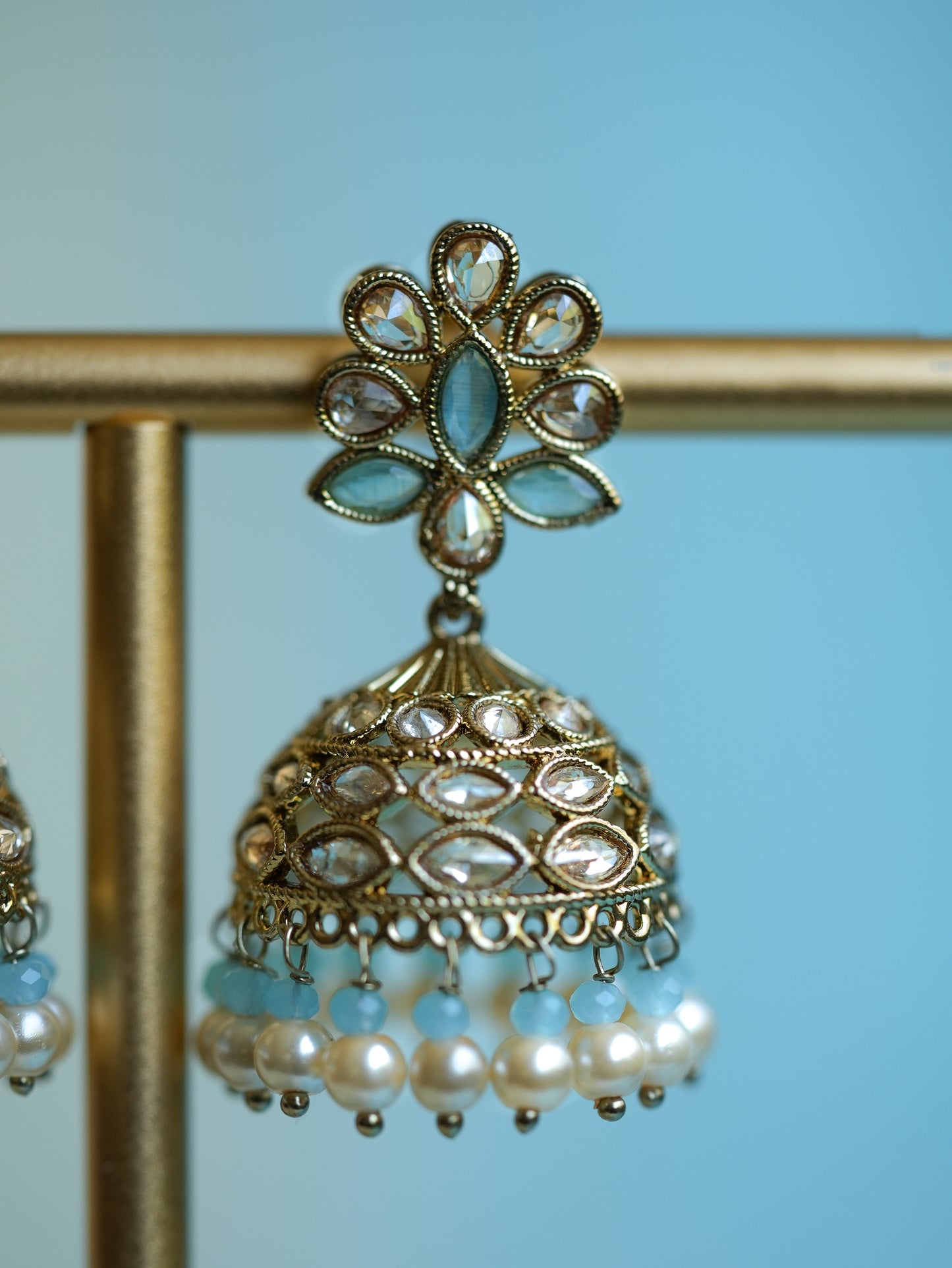 SUNFLOWER - SKY BLUE FLORAL POLKI JHUMKA EARRINGS