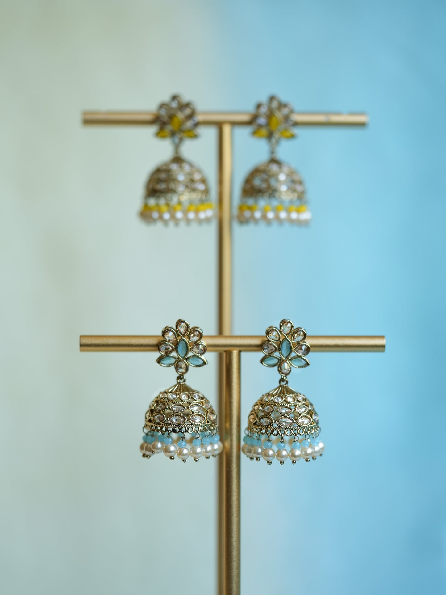 SUNFLOWER - SKY BLUE FLORAL POLKI JHUMKA EARRINGS
