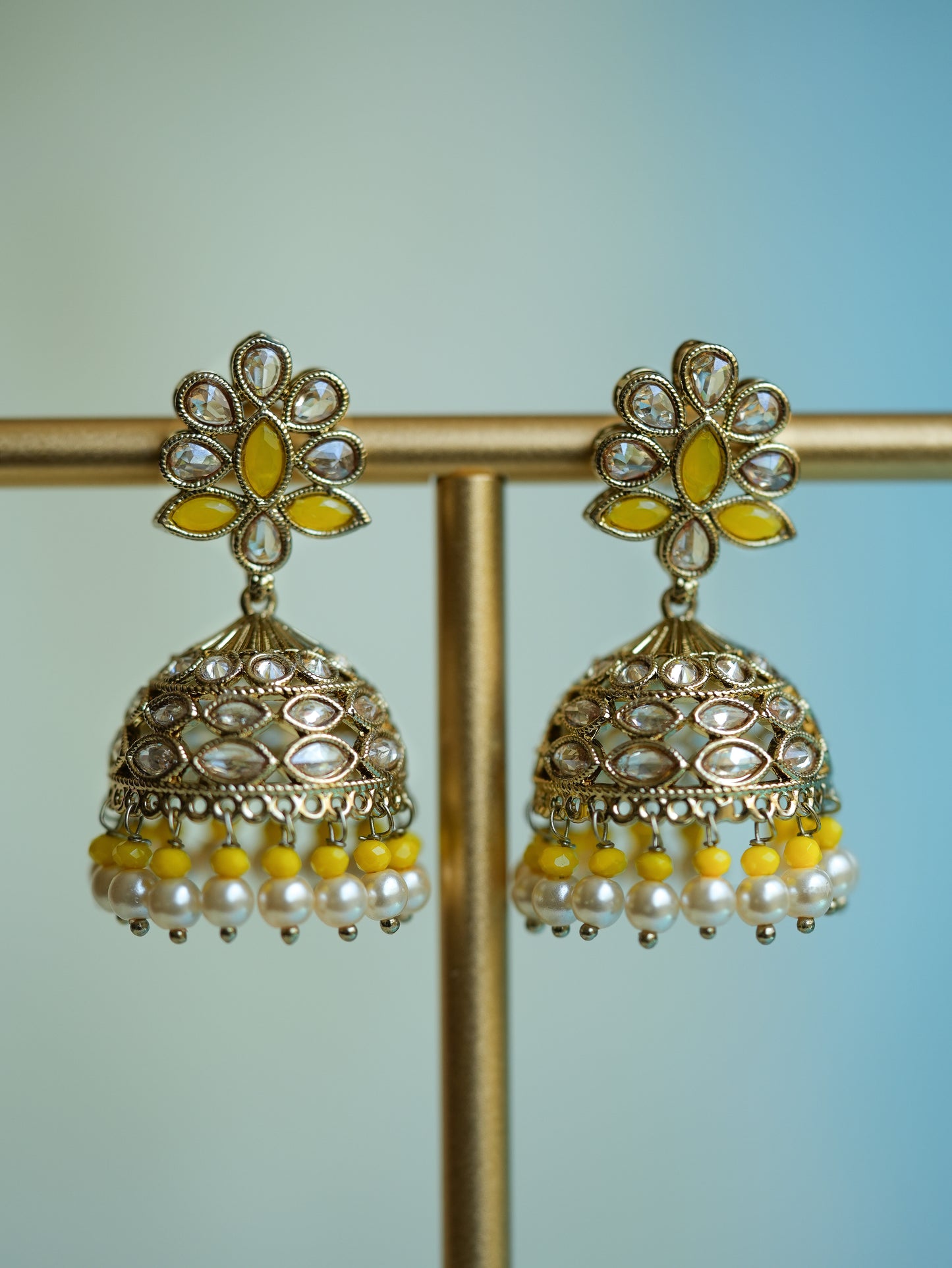 SUNFLOWER - SKY BLUE FLORAL POLKI JHUMKA EARRINGS
