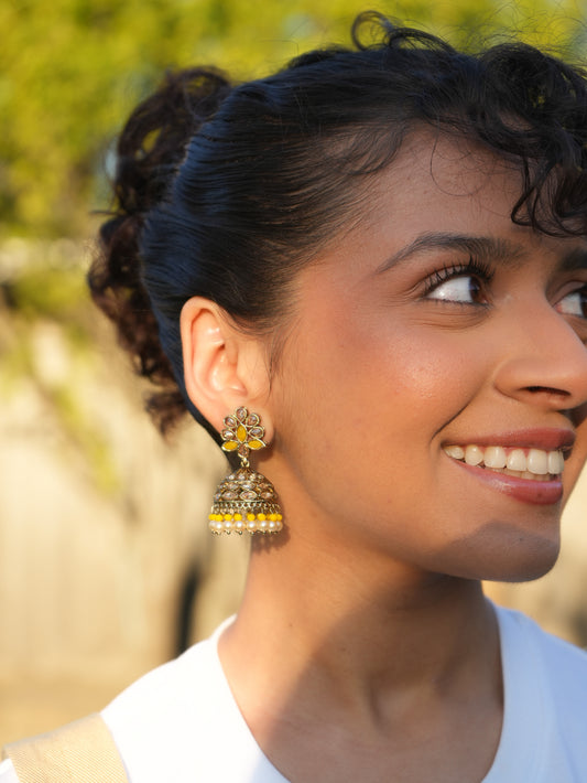 SUNFLOWER - YELLOW FLORAL POLKI JHUMKA EARRINGS