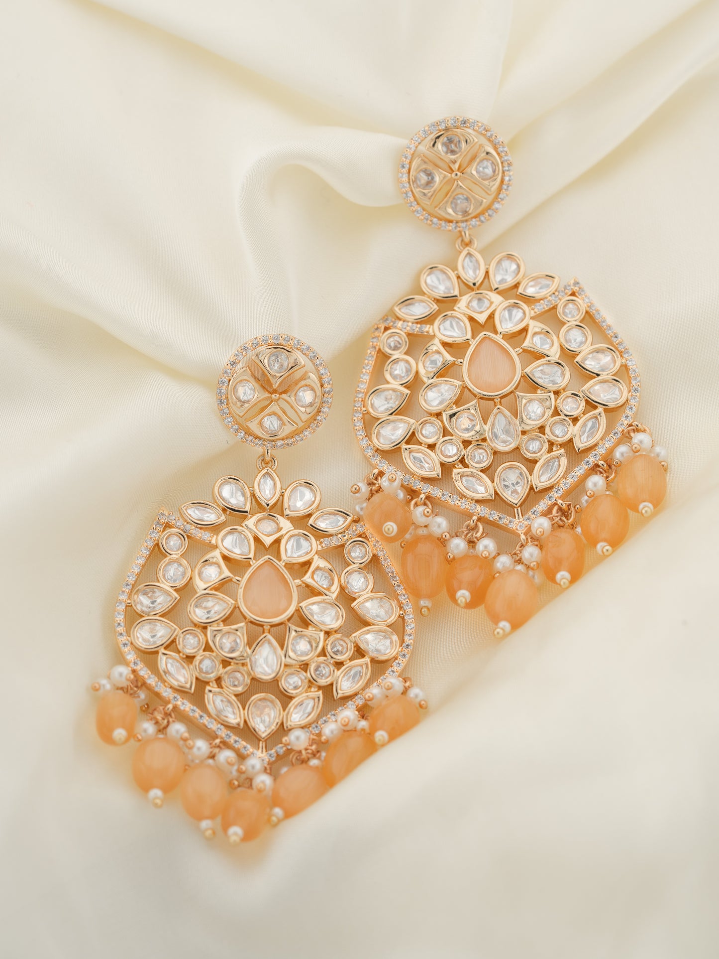 XAHA - PEACH GEMSTONE KUNDAN CHANDBALI EARRINGS