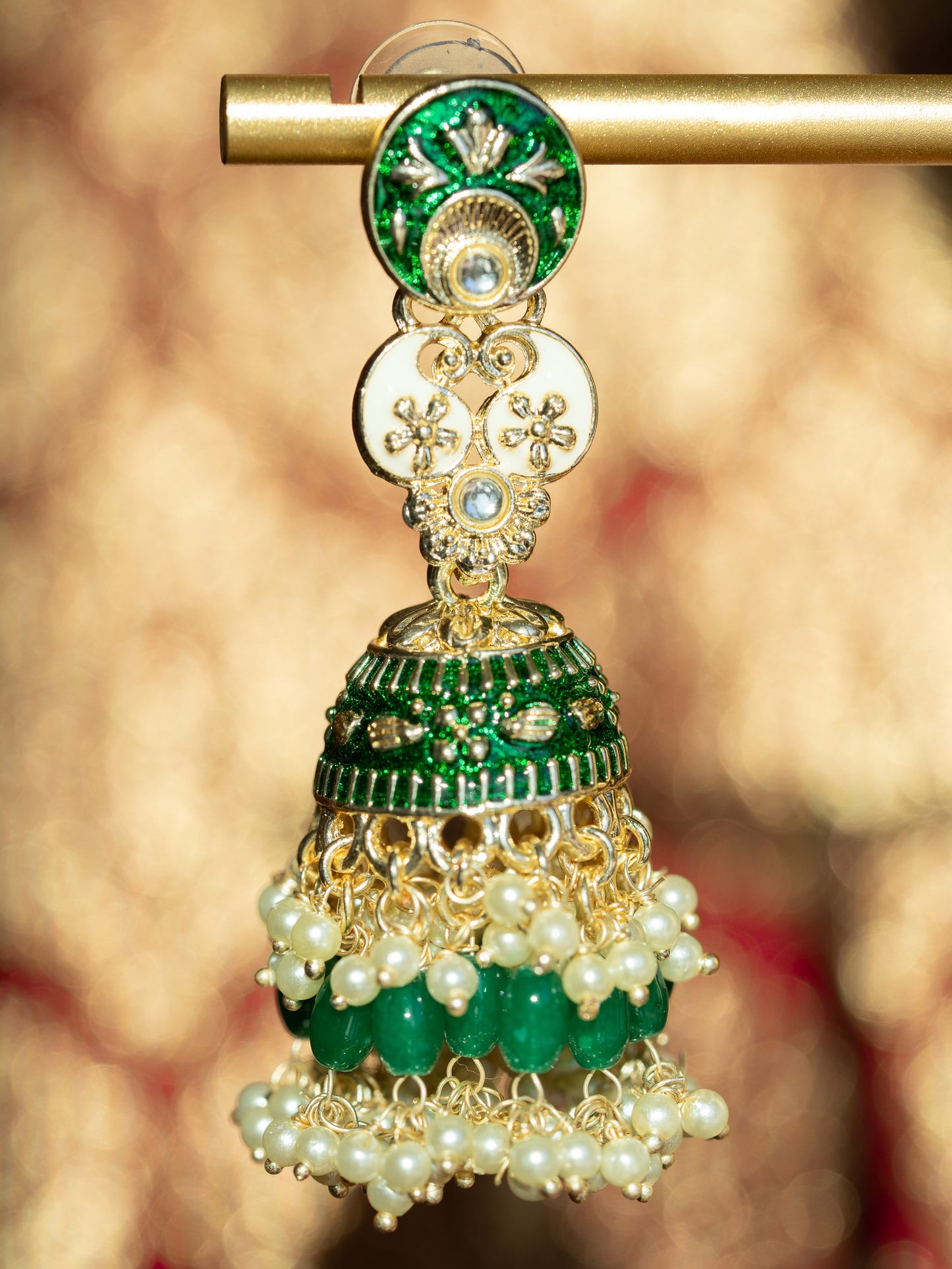 ZARDOZI - GREEN PEARL DROP MEENAKARI JHUMKA EARRINGS
