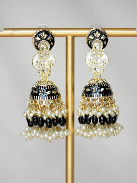 ZARDOZI - GREEN PEARL DROP MEENAKARI JHUMKA EARRINGS