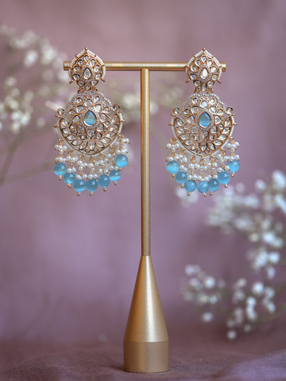 AMARINA - SKY BLUE PEARL DROP KUNDAN CHANDBALI EARRINGS