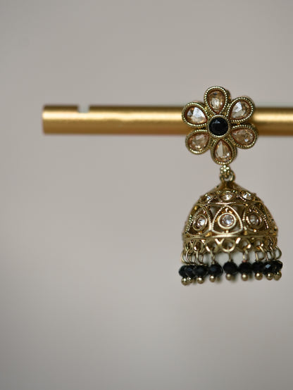 DAISY - BLACK GEMSTONE POLKI MINI JHUMKA EARRINGS