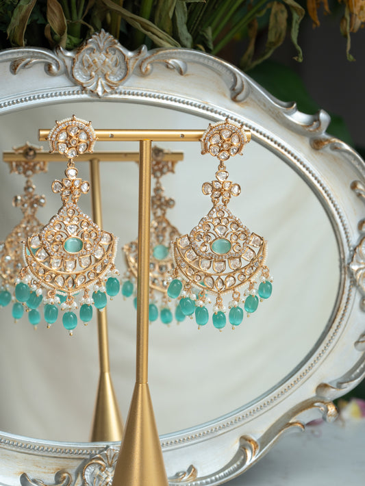 FEROZA - MINT CHANDELIER KUNDAN CHANDBALI EARRINGS