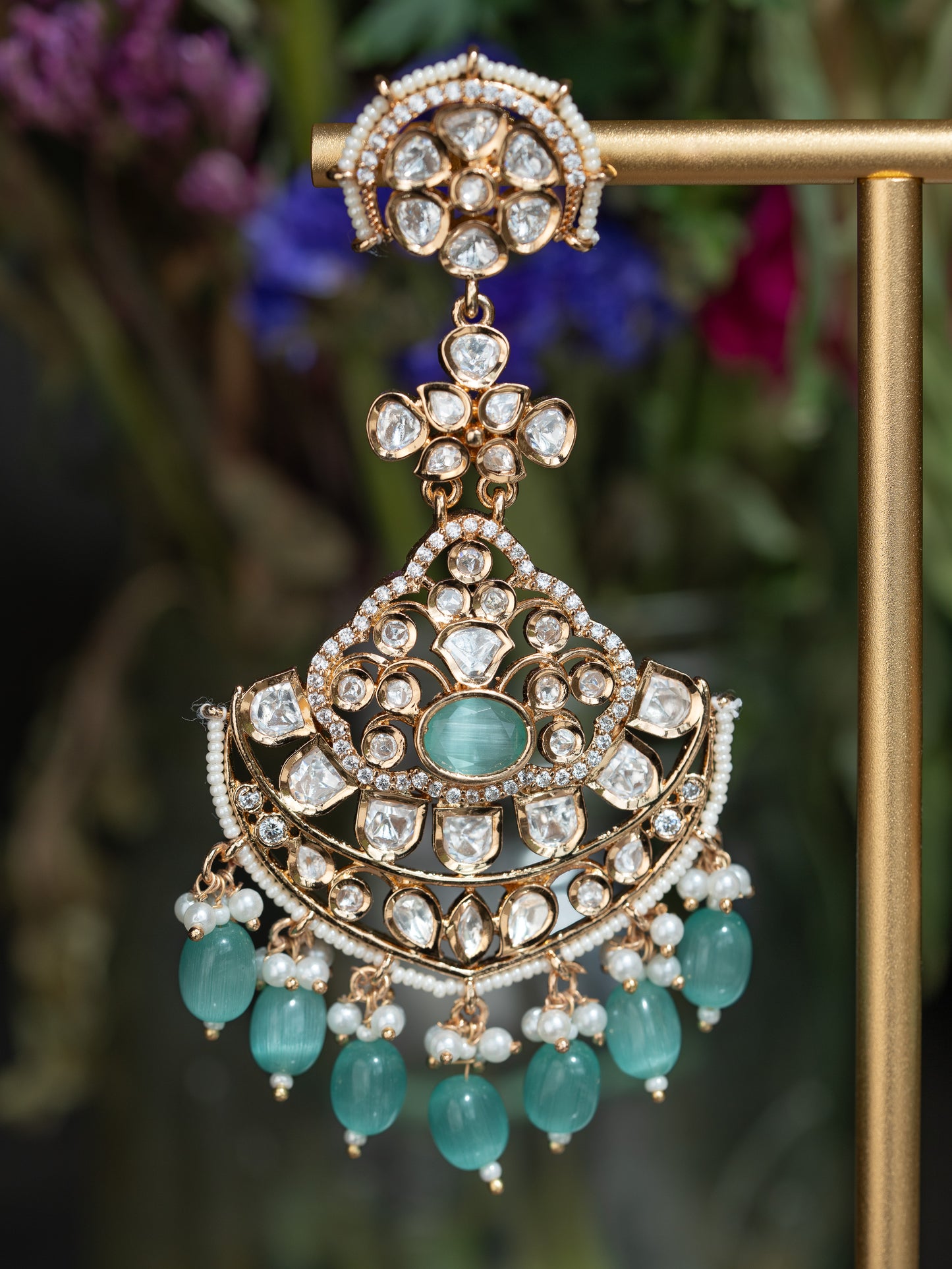 FEROZA - MINT CHANDELIER KUNDAN CHANDBALI EARRINGS