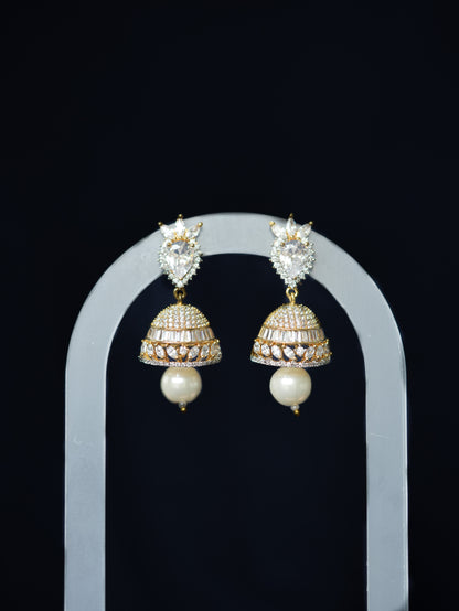 FIZZAH - SILVER PEARL DROP CUBIC ZIRCONIA MINI JHUMKA EARRINGS