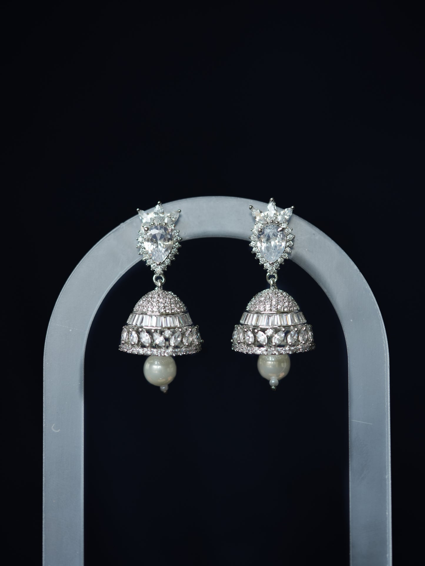 FIZZAH - SILVER PEARL DROP CUBIC ZIRCONIA MINI JHUMKA EARRINGS