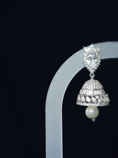 FIZZAH - SILVER PEARL DROP CUBIC ZIRCONIA MINI JHUMKA EARRINGS