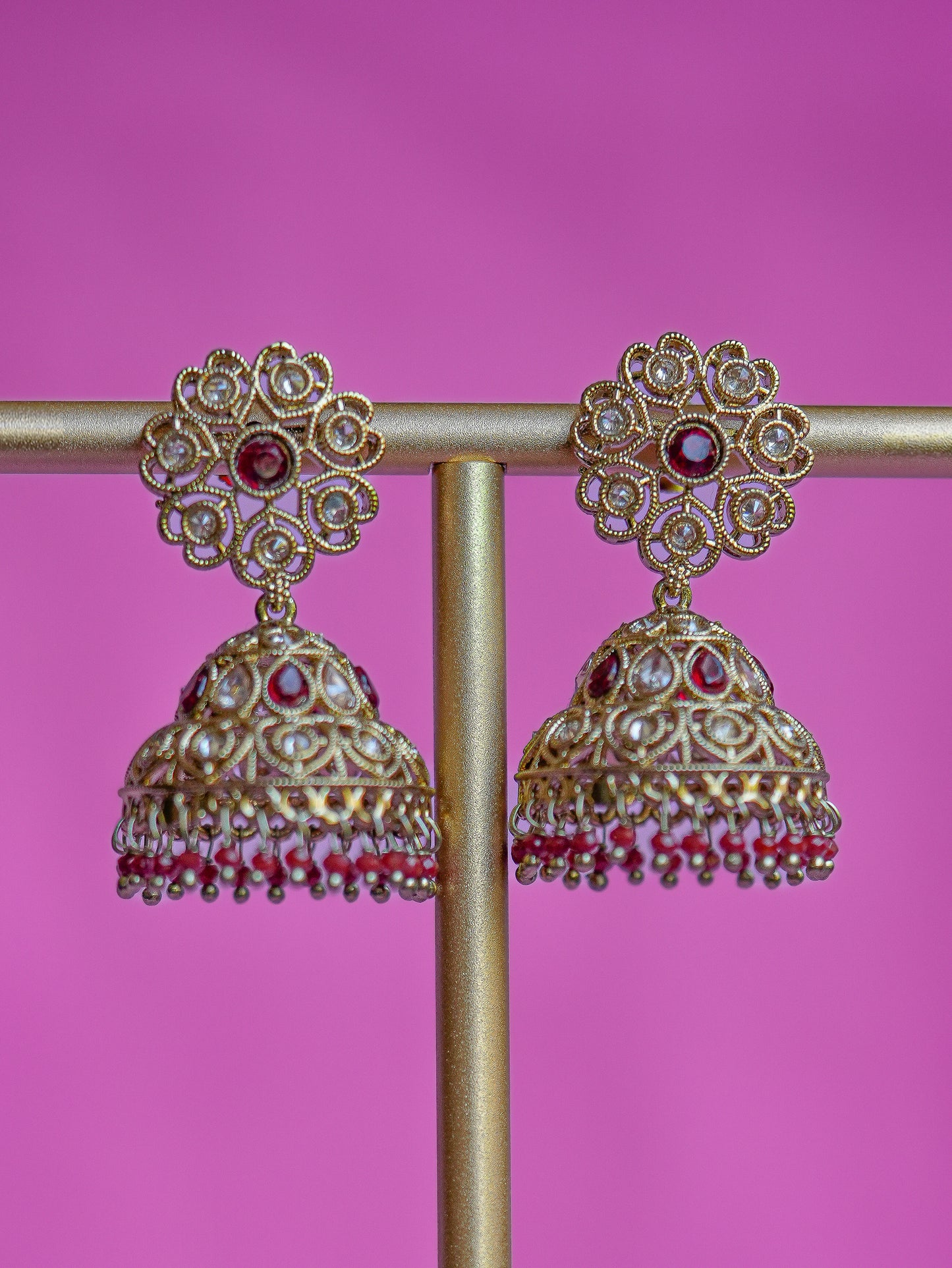 JAANI - RED GEMSTONE POLKI MINI JHUMKA EARRINGS