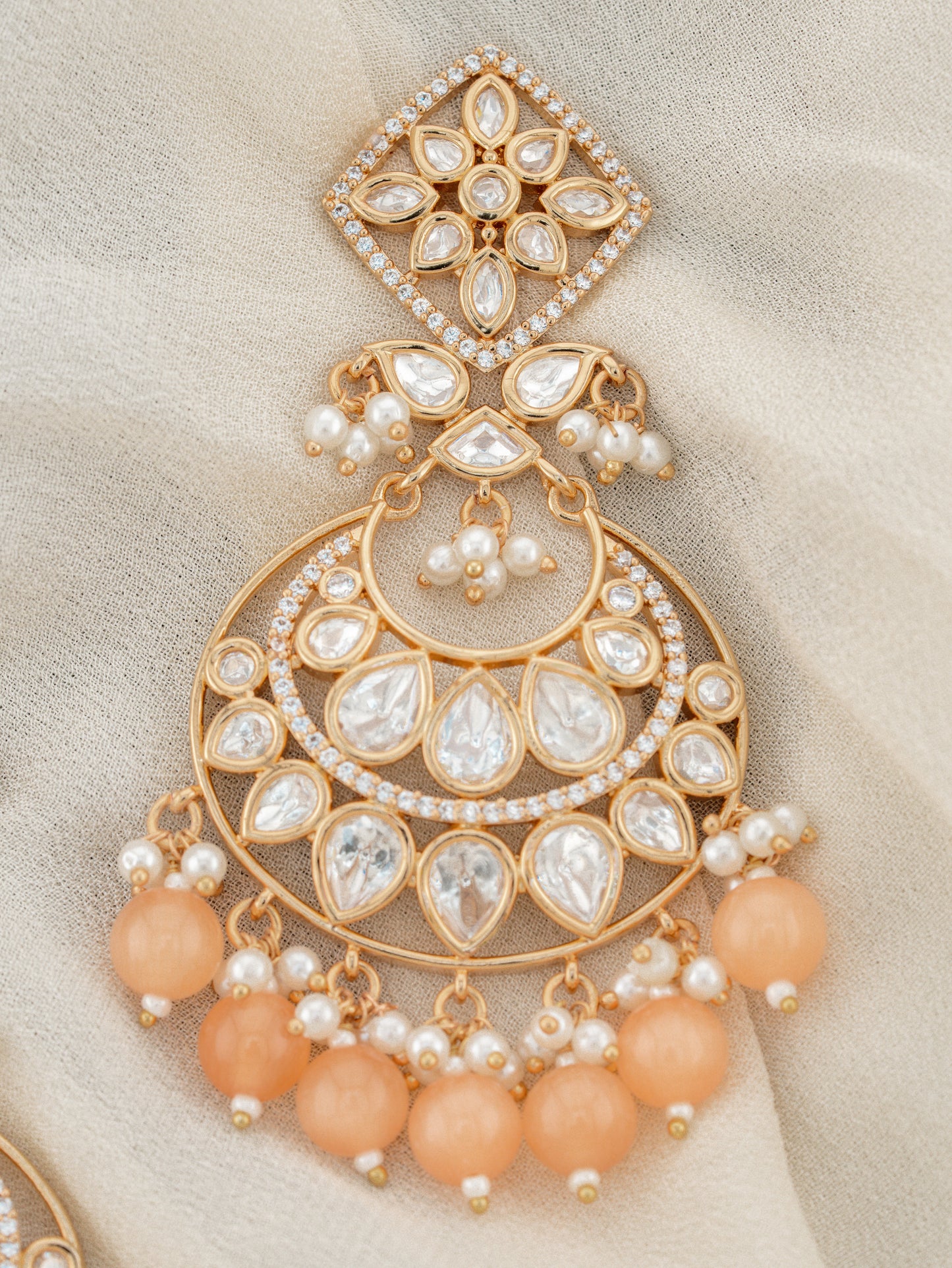 MIRA - PEACH GEMSTONE KUNDAN CHANDBALI EARRINGS