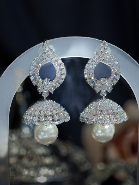 NOVA - SILVER PEARL DROP CUBIC ZIRCONIA JHUMKA EARRINGS