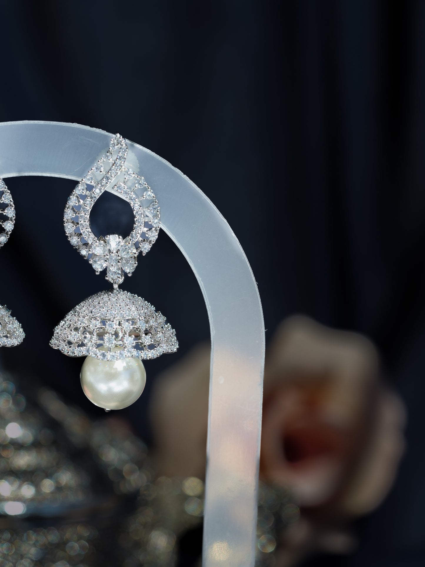 NOVA - SILVER PEARL DROP CUBIC ZIRCONIA JHUMKA EARRINGS