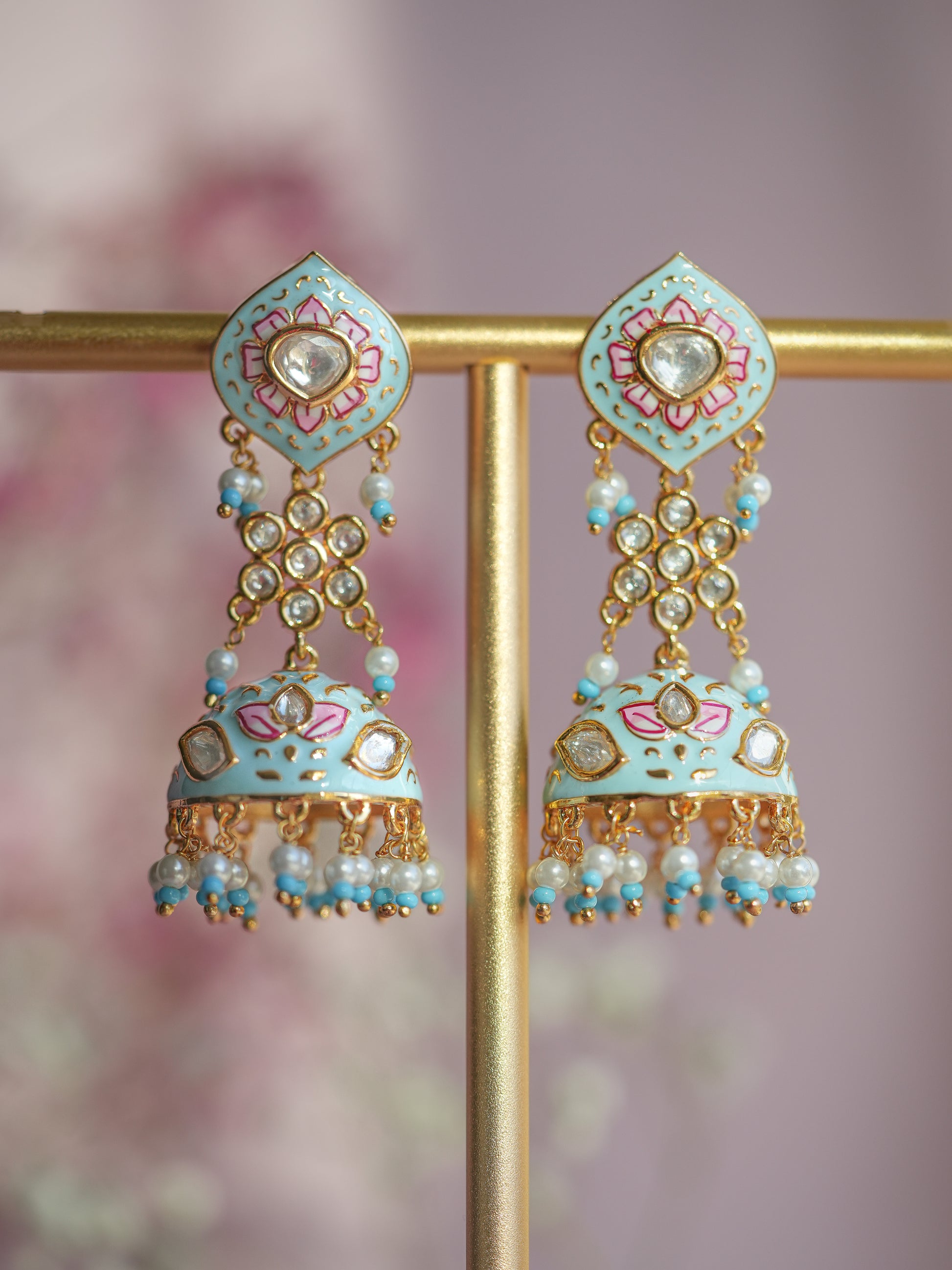 Phulkari Pink Drop Meenakari Jhumka Earrings – Baali Boutique