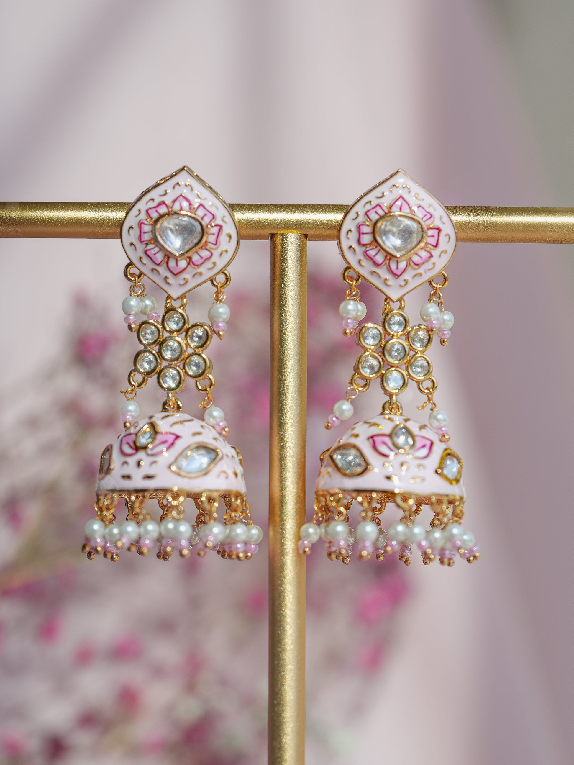 Phulkari Pink Drop Meenakari Jhumka Earrings – Baali Boutique