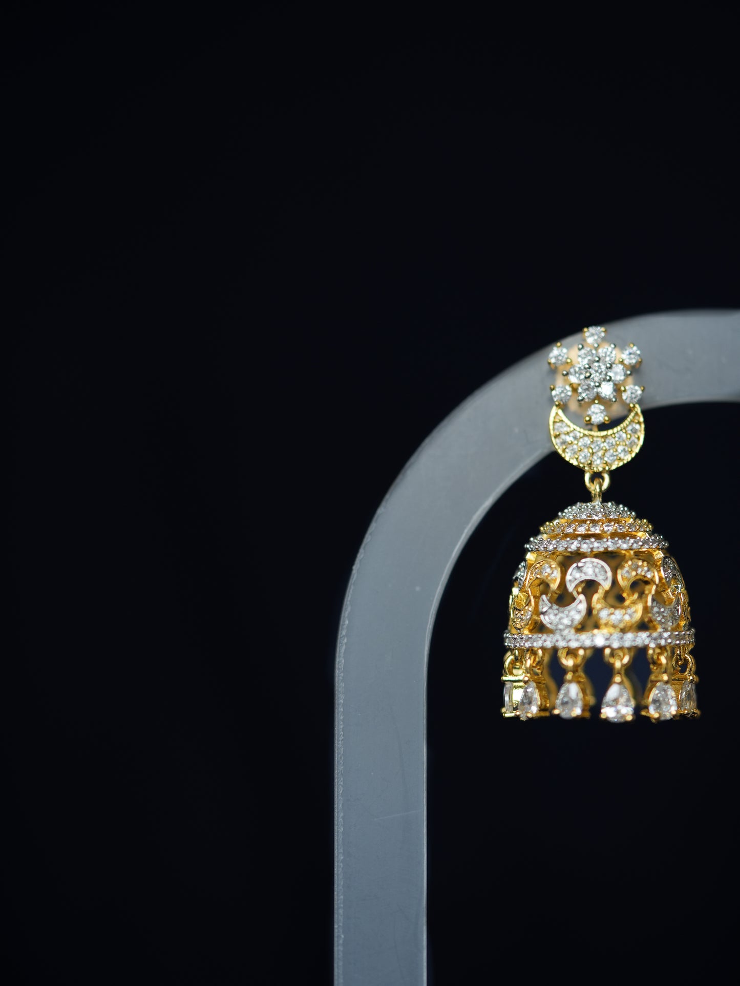 QAMAR - GOLD-SILVER CRESCENT CUBIC ZIRCONIA JHUMKA EARRINGS