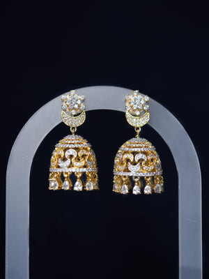 QAMAR - GOLD-SILVER CRESCENT CUBIC ZIRCONIA JHUMKA EARRINGS