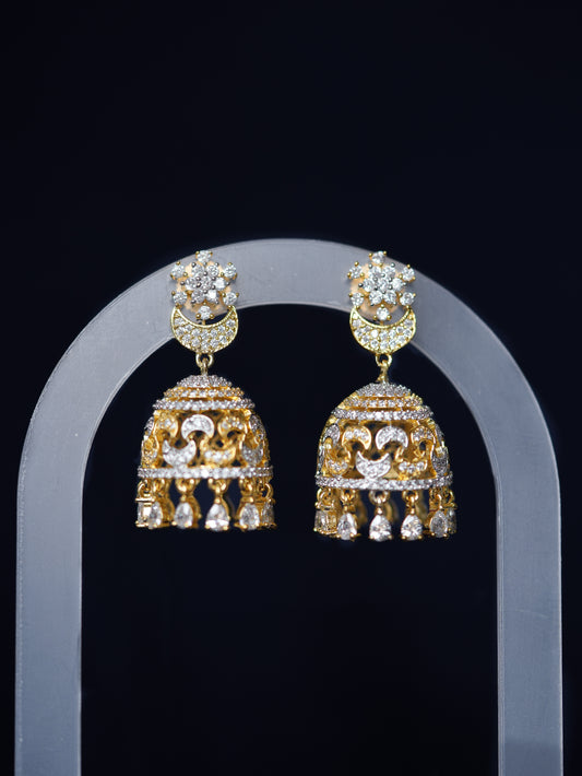 QAMAR - GOLD-SILVER CRESCENT CUBIC ZIRCONIA JHUMKA EARRINGS