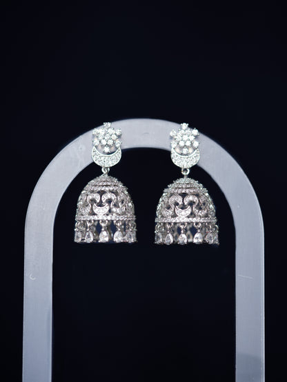 QAMAR - GOLD-SILVER CRESCENT CUBIC ZIRCONIA JHUMKA EARRINGS