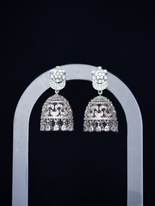 QAMAR - SILVER CRESCENT CUBIC ZIRCONIA JHUMKA EARRINGS