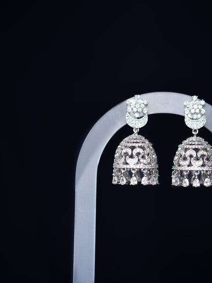 QAMAR - GOLD-SILVER CRESCENT CUBIC ZIRCONIA JHUMKA EARRINGS