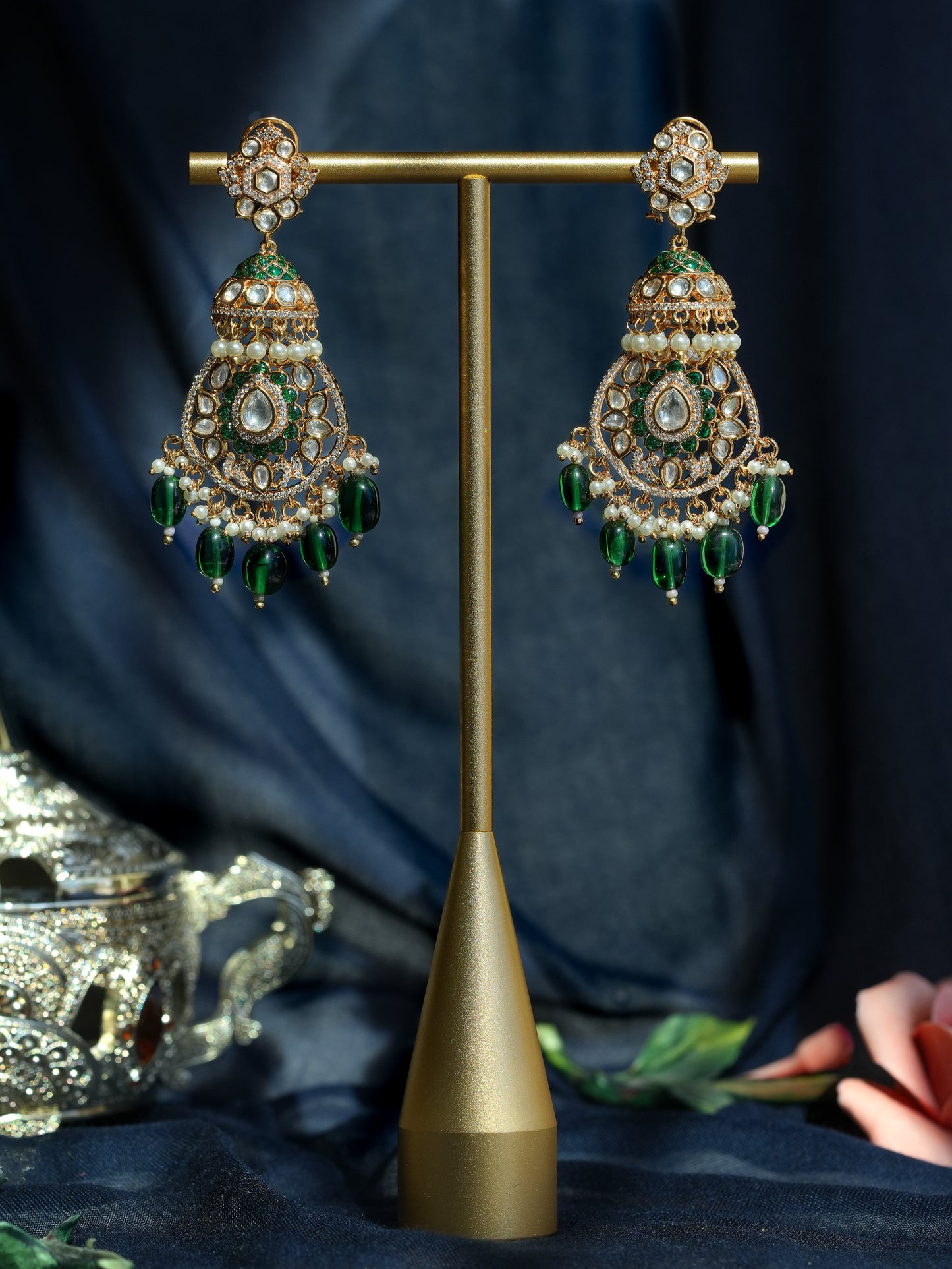 SHEHRZAD - GREEN GEMSTONE KUNDAN JHUMKA EARRINGS