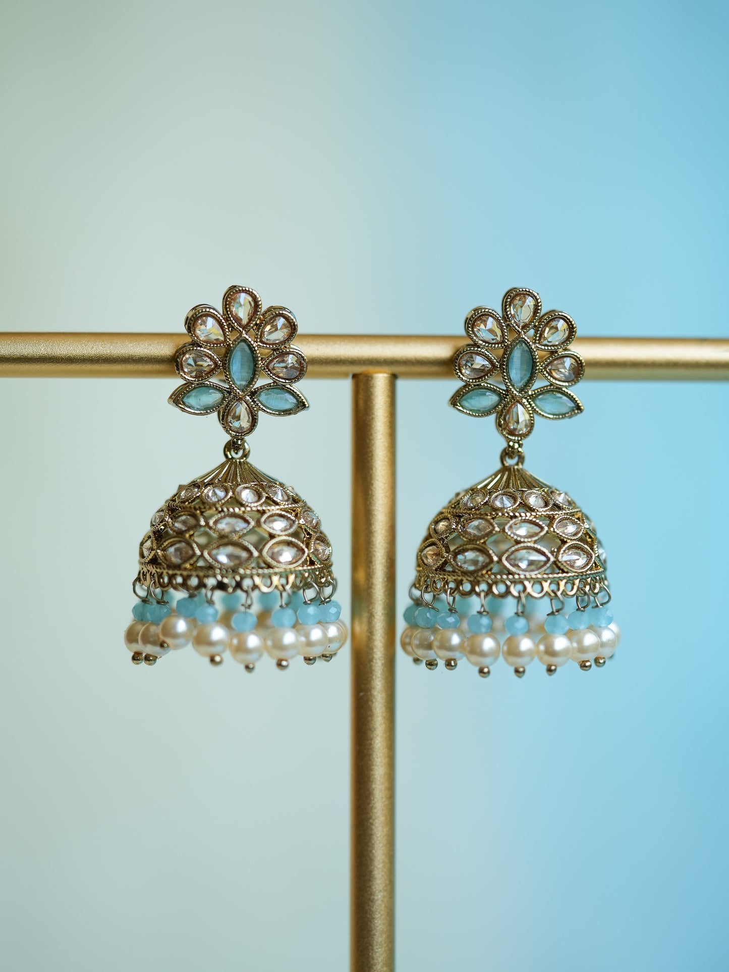 SUNFLOWER - SKY BLUE FLORAL POLKI JHUMKA EARRINGS