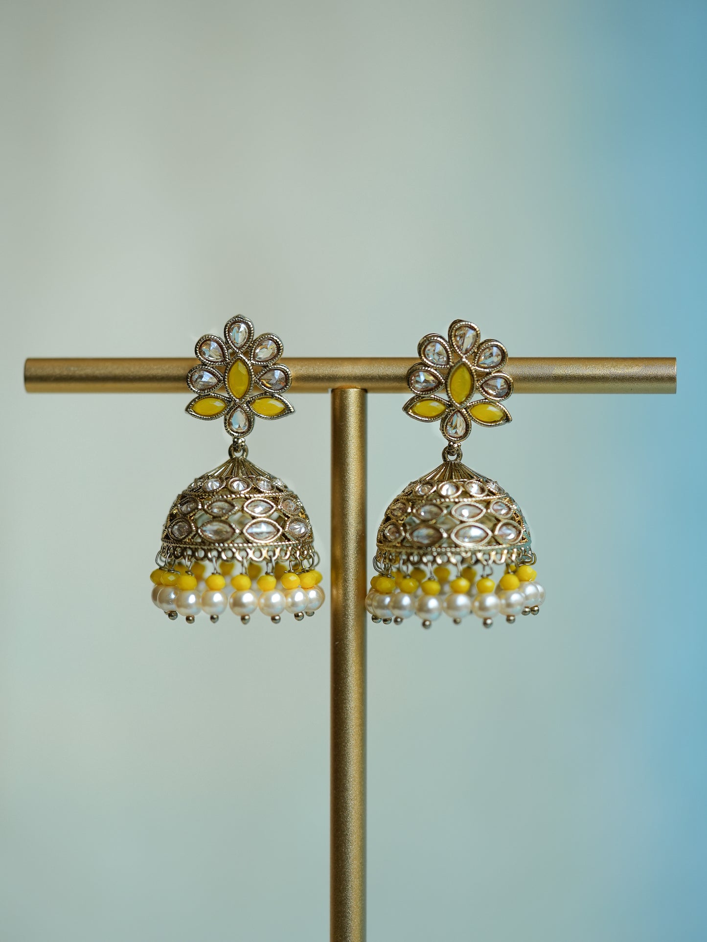 SUNFLOWER - SKY BLUE FLORAL POLKI JHUMKA EARRINGS