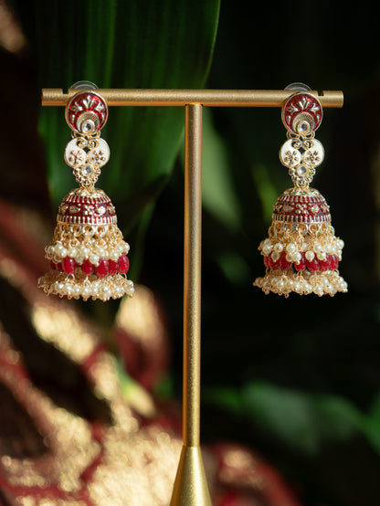 ZARDOZI - GREEN PEARL DROP MEENAKARI JHUMKA EARRINGS