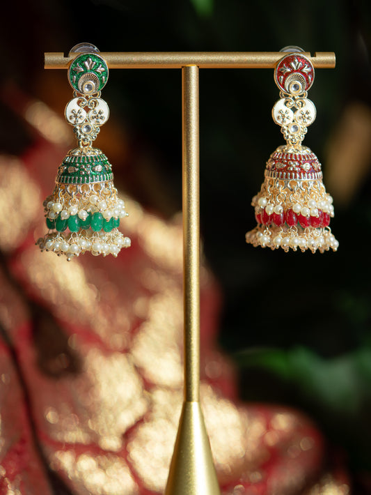 ZARDOZI - GREEN PEARL DROP MEENAKARI JHUMKA EARRINGS